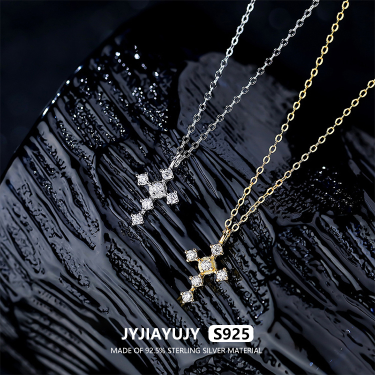 JYJIAYUJY 100% Whole Original Sterling Silver S925 Necklace 17MM Cross Pendant Chain Full Zircon Colors Fashion Jewelry JYN56
