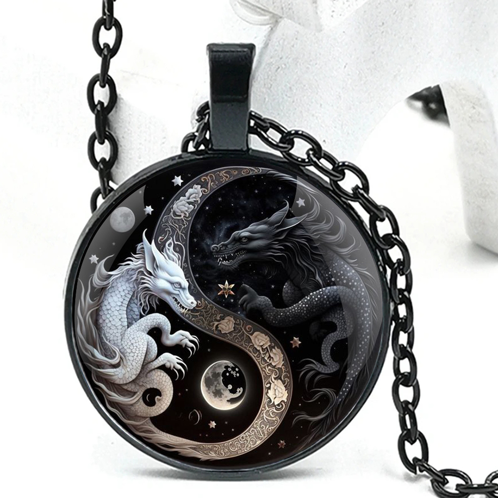 Retro Yin and Yang Dragon Design Glass Dome Handmade Chain Pendant Necklace For Men And Women Jewelry Accessories Birthday Gift