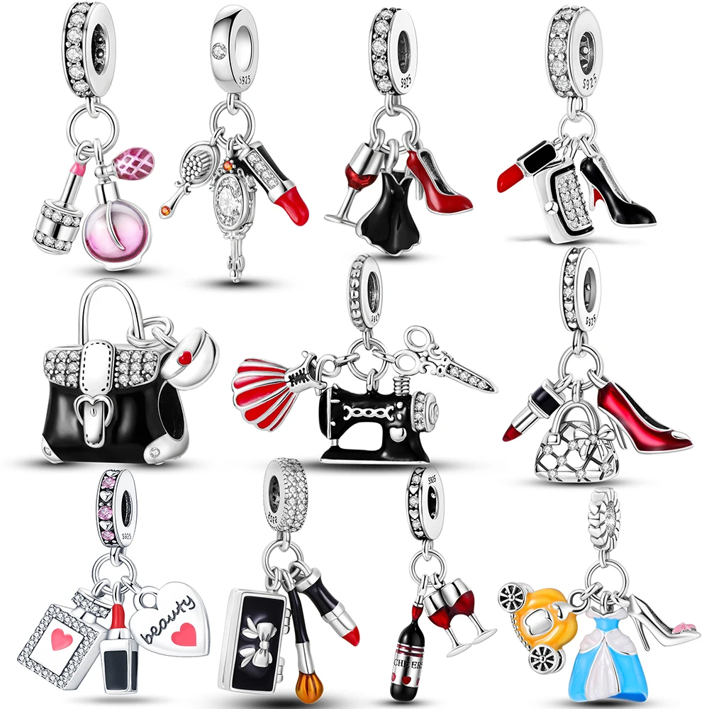 925 Silver High Heels Lipstick Perfume Charms Pendants Fit Original Bracelet Necklace DIY Beads For Women Jewelry