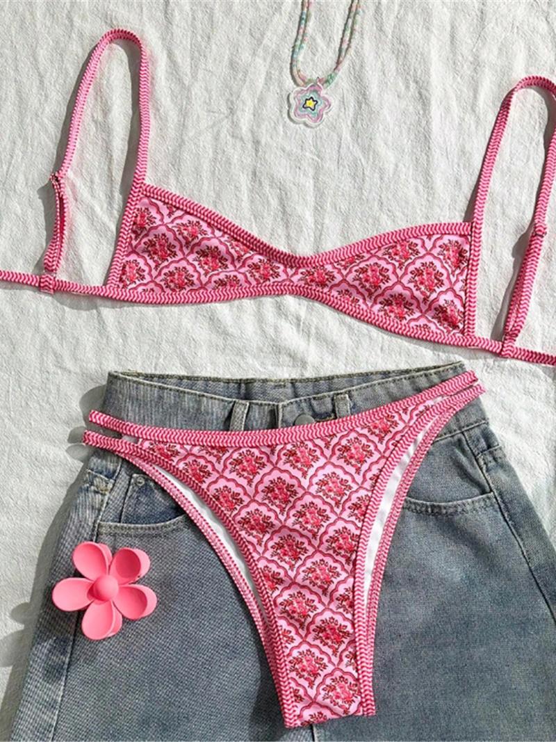 Women's Swimwear S - XL Flowers Printed High Leg Cut Bikini Female Swimsuit Women Two-pieces Set Bather Bathing Suit Swim K6965-image-1065818869