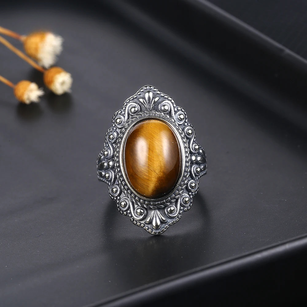 High Quality Natural Tiger Eye Rings S925 Silver Jewelry Ring for Women Gifts Vintage Fine Wedding Party Ring Wholesale