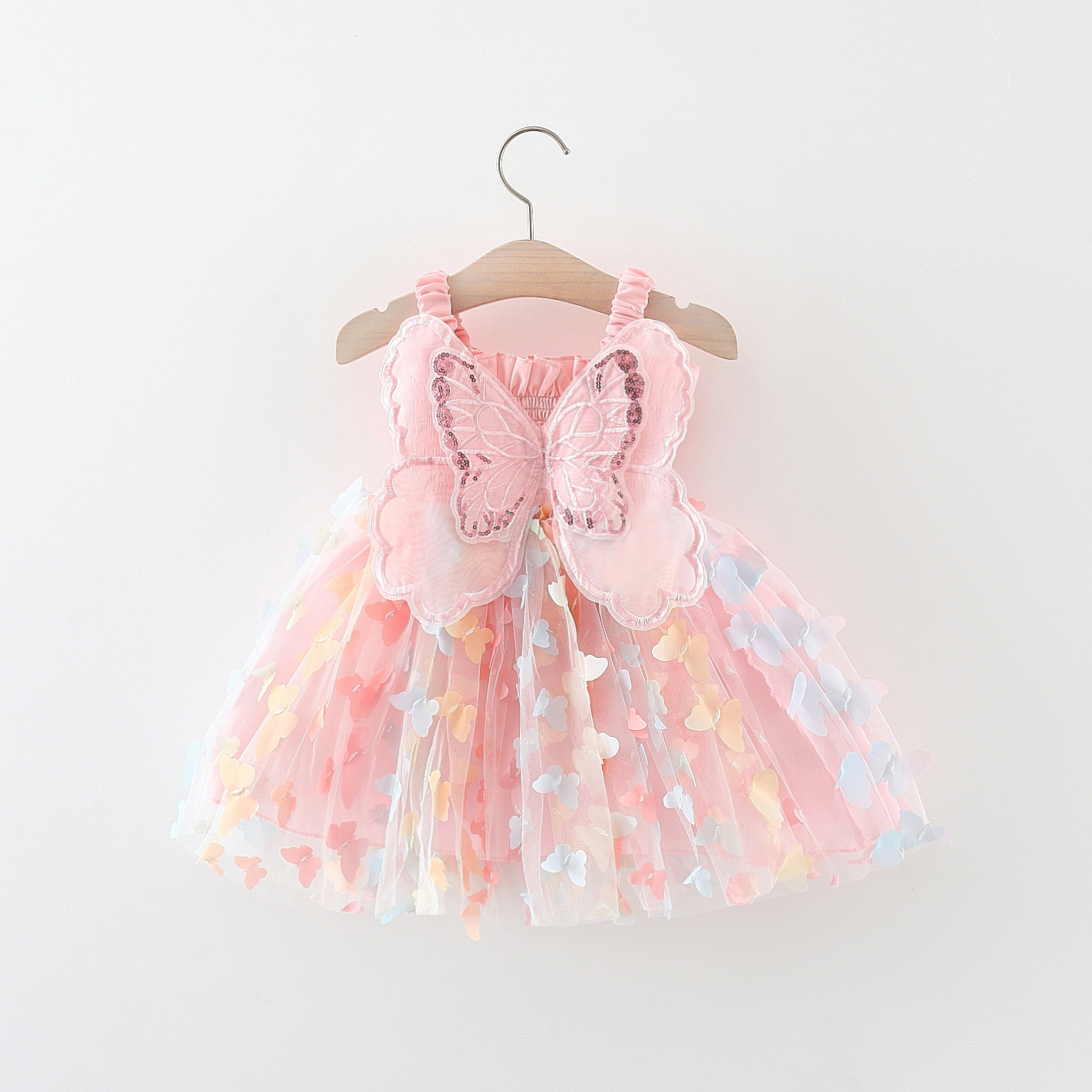 Girls' New Summer Dress With Large Butterfly Wings On The Back Drawstring Waist Mesh Colorful Butterfly Princess Dress