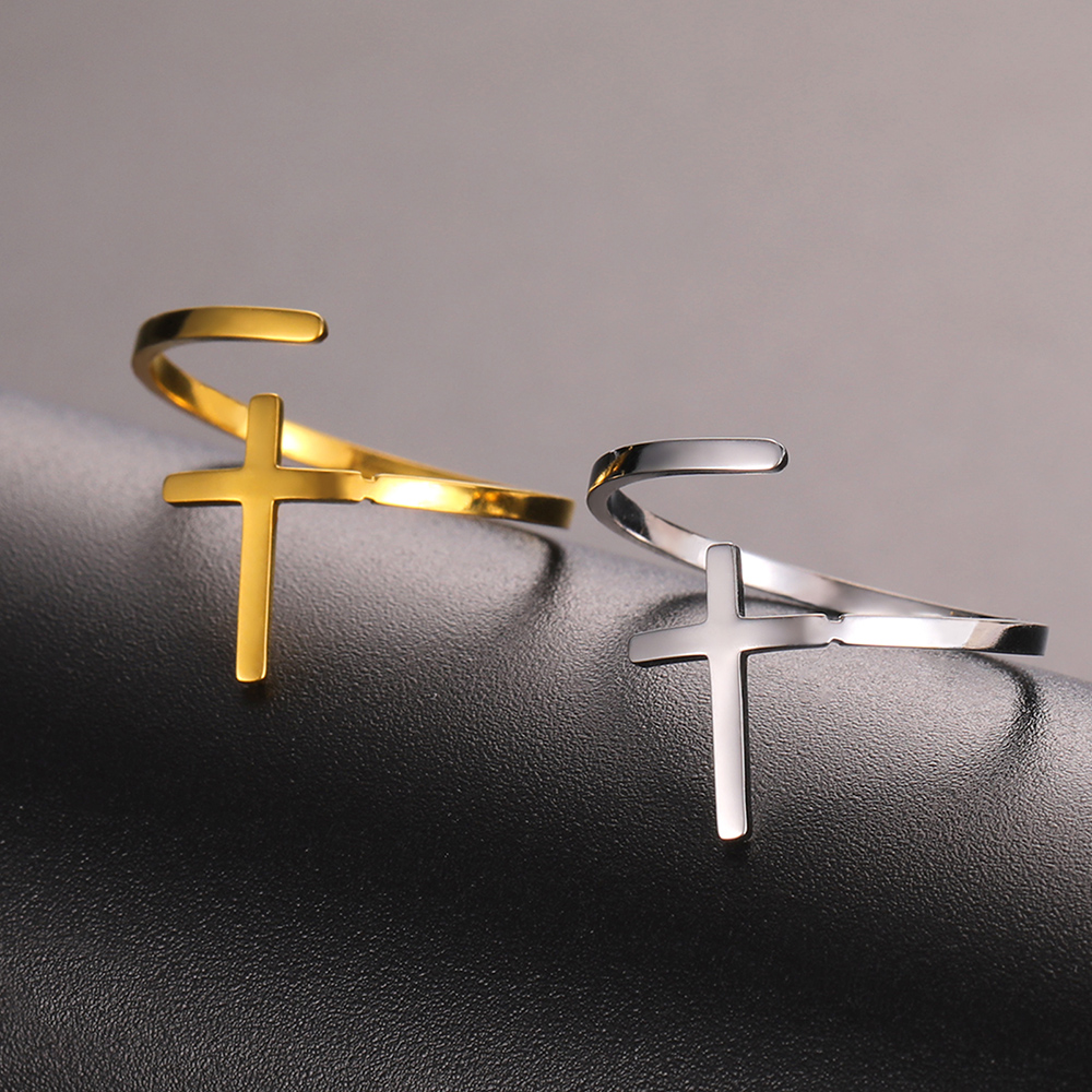 Dawapara Classic Cross Adjustable Ring for Women Men Christian Catholic Religious Protection Amulet Stainless Steel Wedding Band