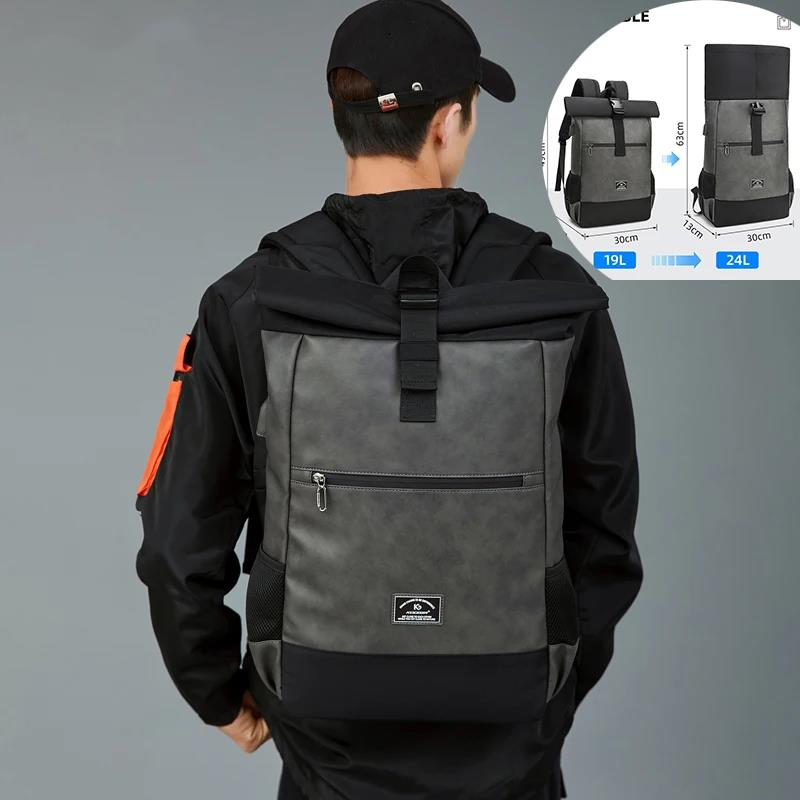 Casual Roll top Backlpack Waterproof usb Laptop Backpacks Bags Lightweight PU Leather Men Luxury Travel Backpack for Women Men