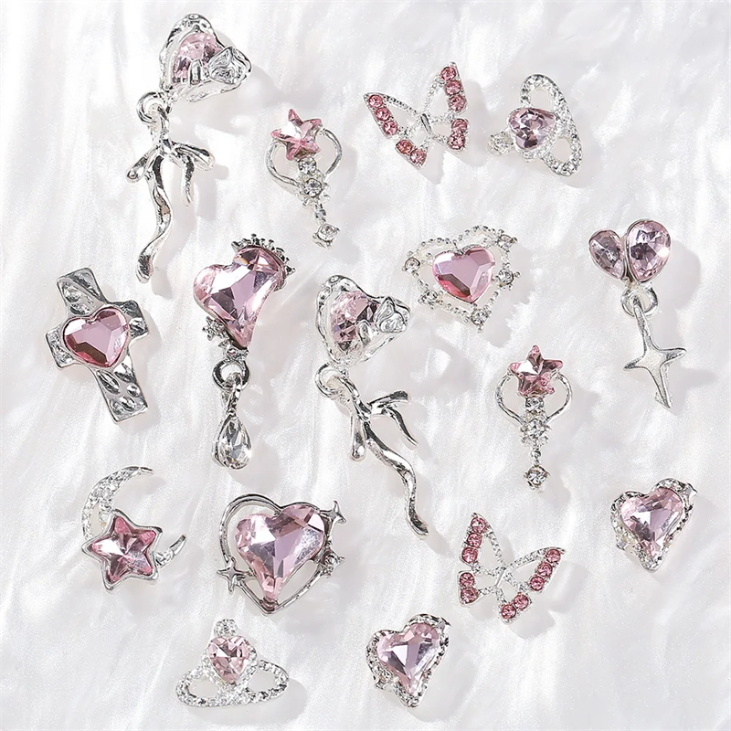 10pcs Flash Pink Nail Accessories Love Butterfly Star Cross Nail Art Charms Luxury Crystal Metal Pendant Nail Decorations Parts