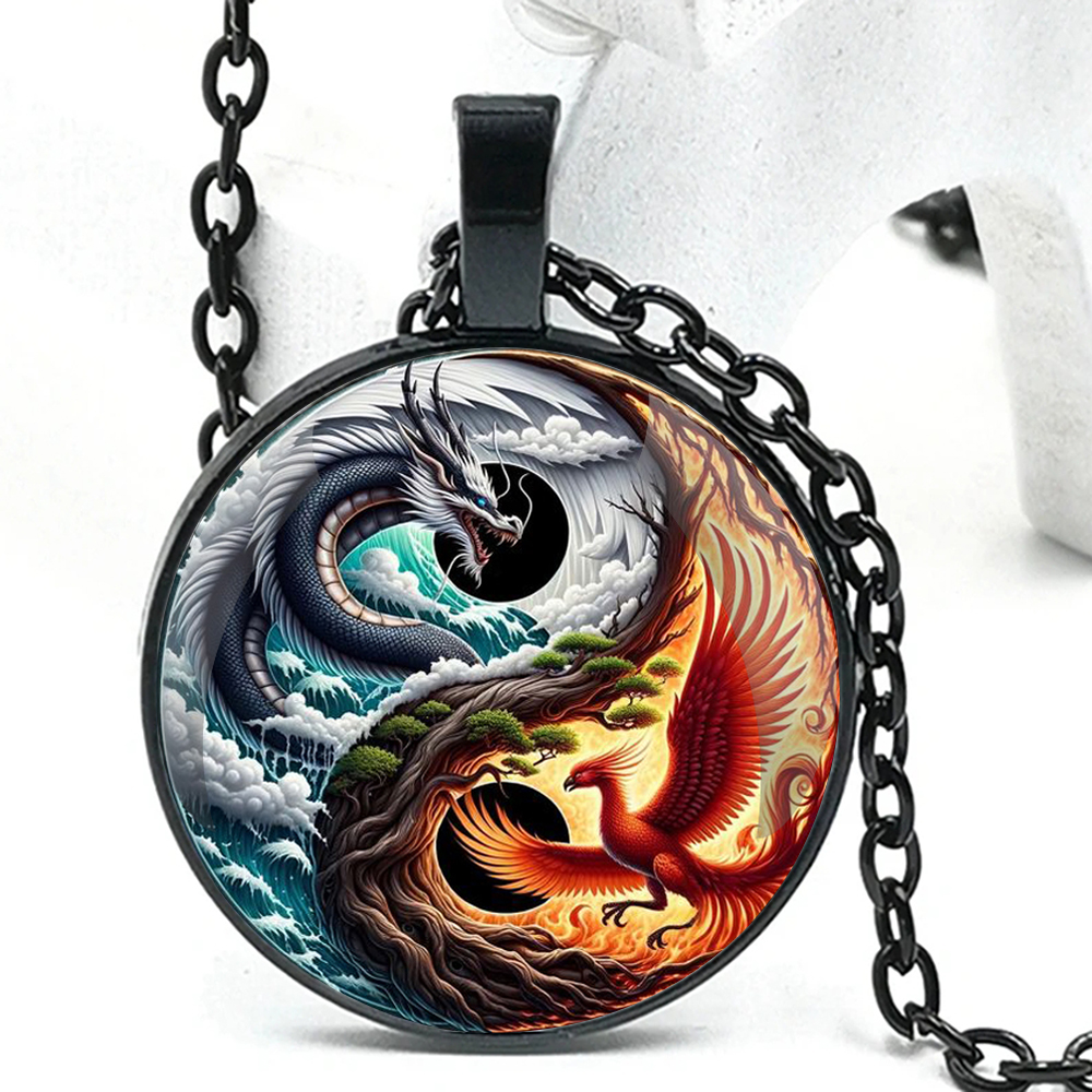 Retro Yang Phoenix and Yin dragon Glass Dome Handmade Chain Pendant Necklace For Men And Women Jewelry Accessories Birthday Gift