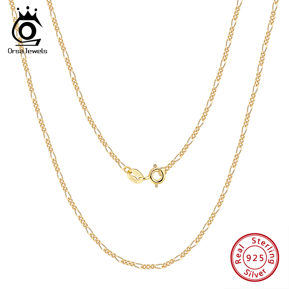ORSA JEWELS 14K Gold 925 Sterling Silver Diamond-Cut Figaro Link Chain Necklace for Women Classic Necklace Party Jewelry SC27