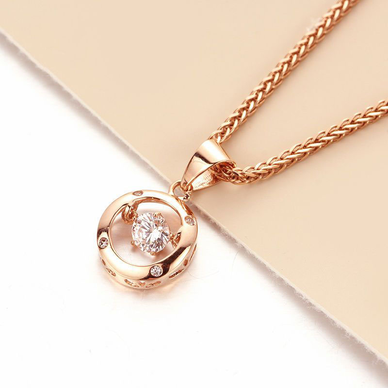 Classics New in Plated 14K Rose Gold Round Small Necklace 585 Purple Gold Crystal Pendant Clavicle Chain Party Jewelry Gift