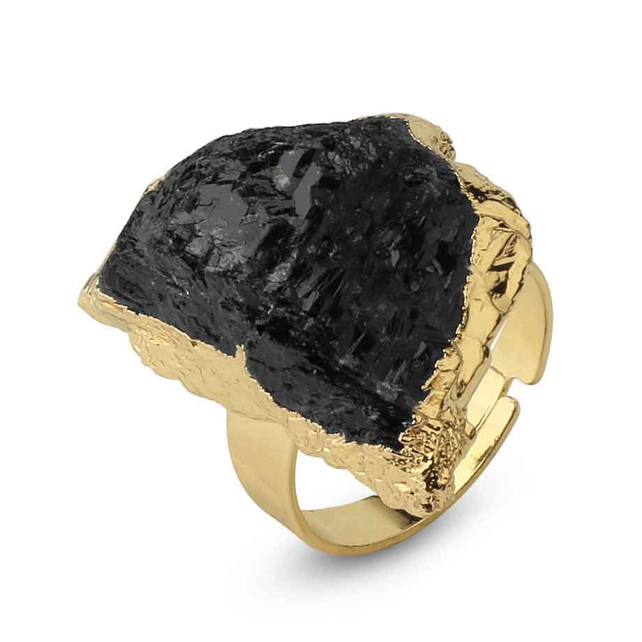 Irregular Black Tourmaline Ring for Men Gold Color Genuine Natural Raw Crystal Stone Reiki Energy Jewelry Gift Adjustable x239