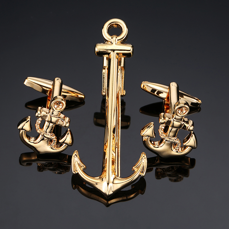 Classic men's French shirt cufflinks tie clip set high-quality Shining ship anchor clip cuffs buttons suit accessories Jewelry