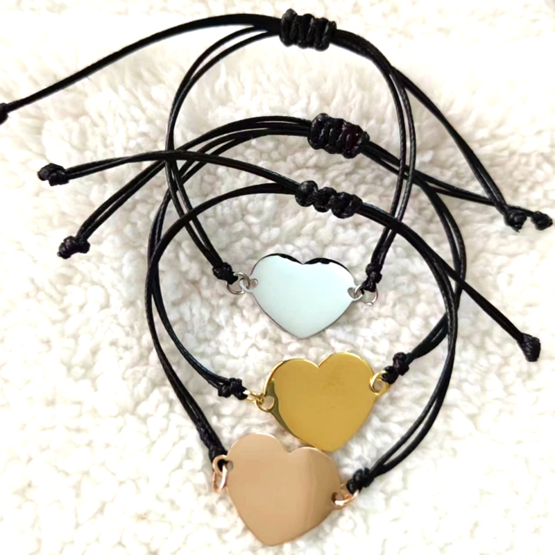 10Pcs Stainless Steel Mirror Polished Heart Bracelet Black Braided Rope Wirst Woven Bracelet Hand-knitted Gifts