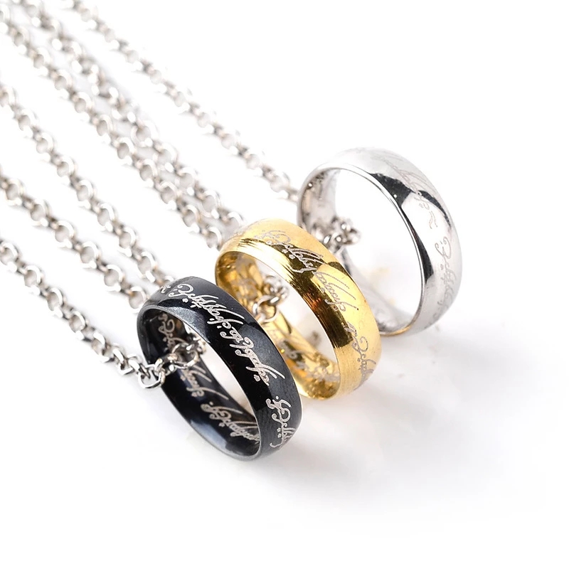 Movie Jewelry One Ring Of Power Elf Bilbo Baggins Gollum Tolkien Letter Necklaces Gold Black Men Birthday Gift