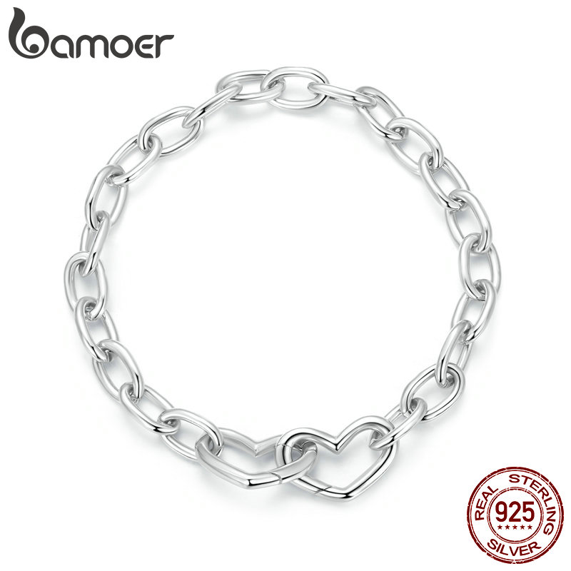 BAMOER 925 Sterling Silver Double Hearts Clasped Bracelets for Women Lady's DIY Pendent Charm Cuff Adjustable Bracelets BSB172