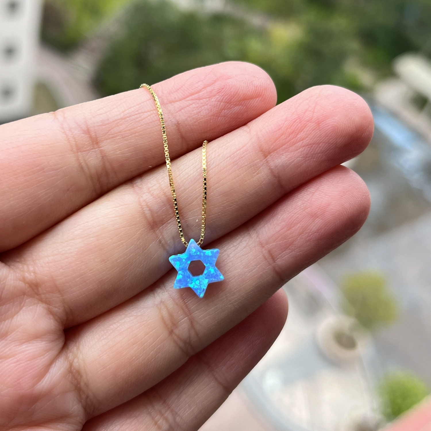 1pc Free Shipping Light Blue 10mm David Star with Empty Opal Pendant Necklace Synthetic Opal Necklace with 925 sterling silver