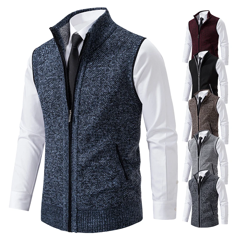New Vest Men's Knitted Sleeveless Sweater Wool Velvet Zipper Cardigan Turn-down Pullovers Turtleneck Sweatercoat Knit Waistcoat
