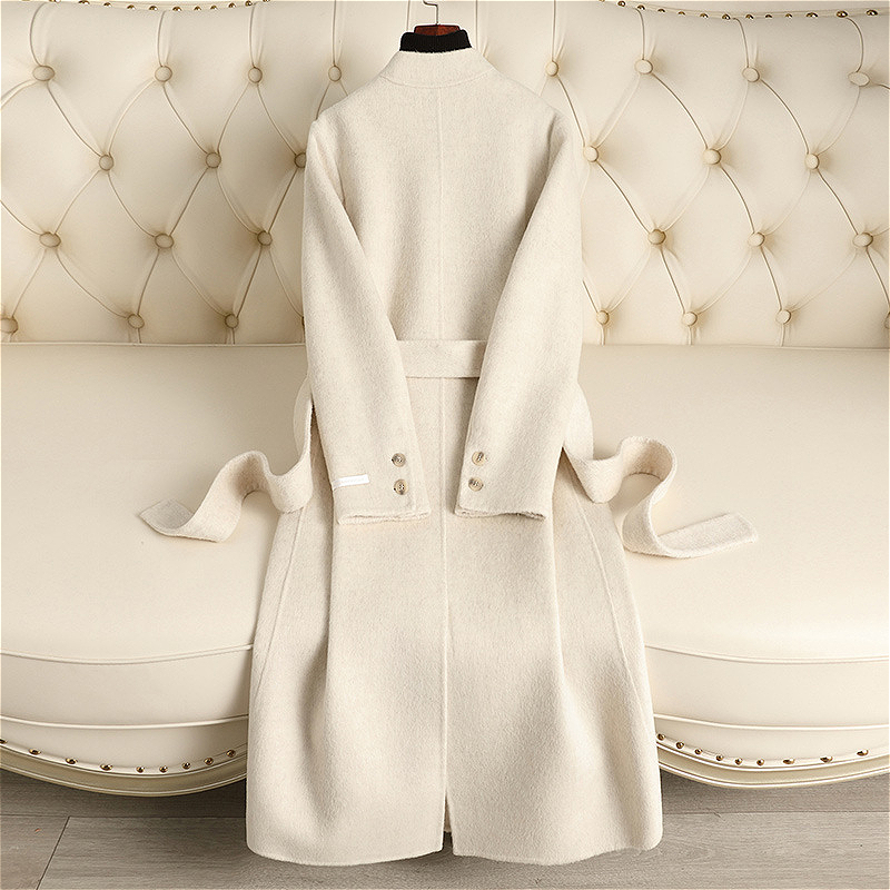 D6187 Nouveau manteau en laine double face automne hiver, style allongé, longueur sur les genoux, ceinture nouée, coupe ajustée, toucher haut de