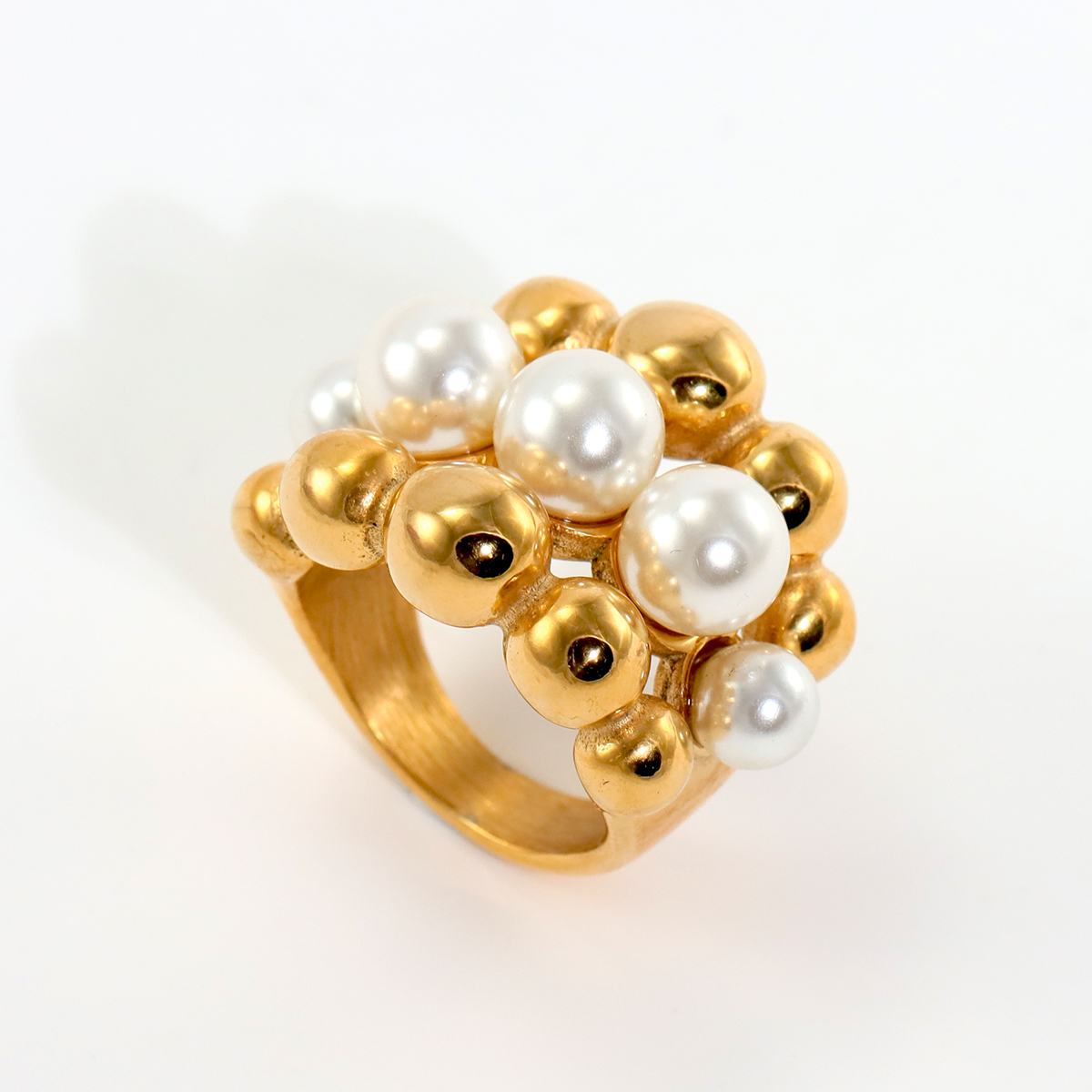 New Stainless Steel Chunky Gold Plated Ball Faux Pearls Ring Women Statement Big Large Rings Hyperbole Jewelry Waterproof