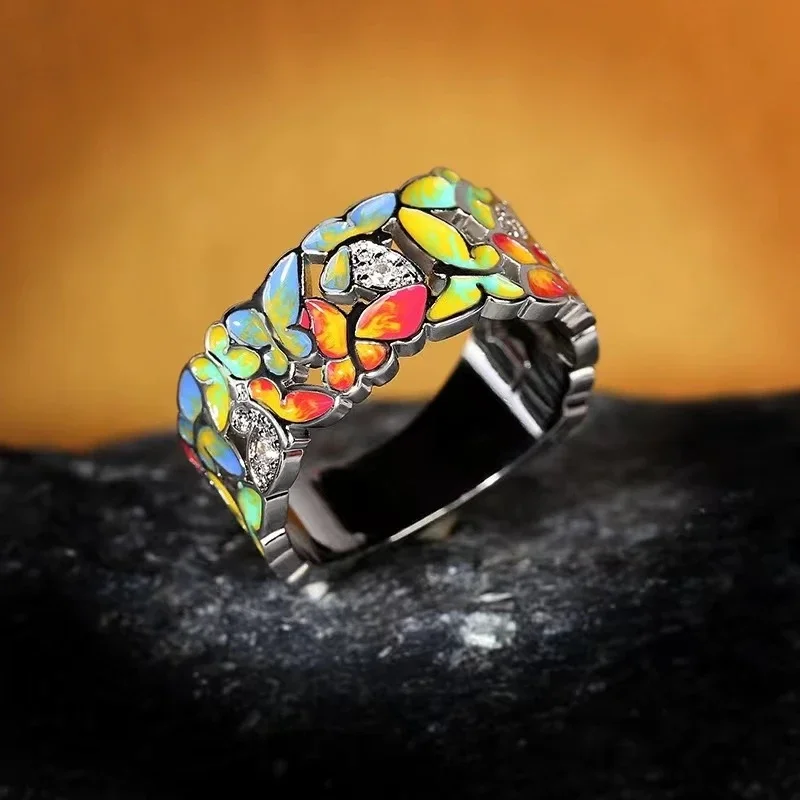 European and American New Vintage Color Block Fashion Colorful Dropped Butterfly Punk Style Women's Ring