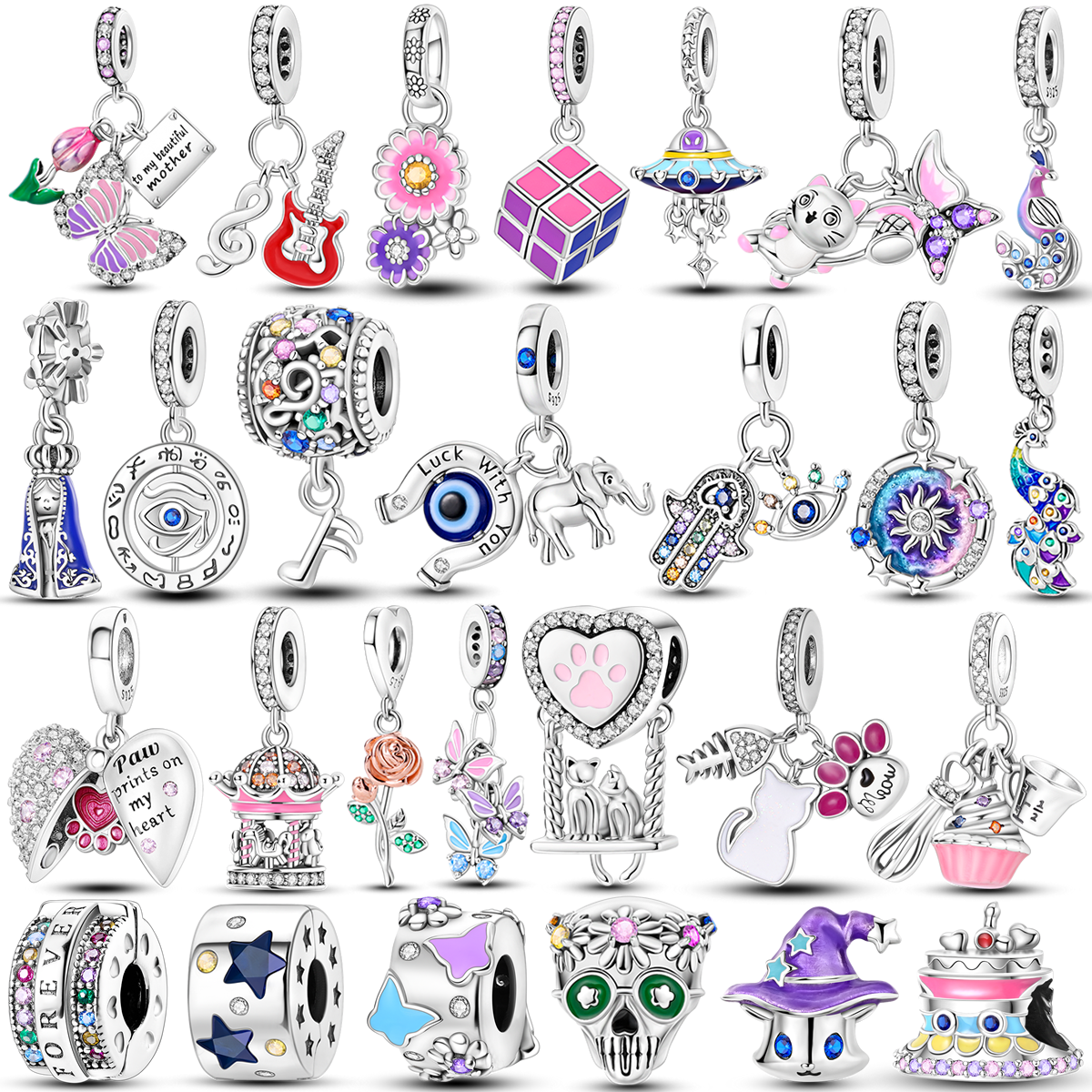 Fit Original Bangle Bracelet 925 Sterling Silver Colorful Glaze Charms Beads Peacock Cat Owl Fashion Pendants DIY Jewelry Gift