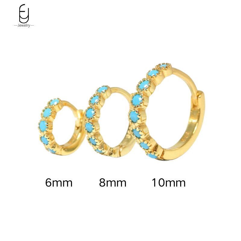 925 Sterling Silver Ear Needle Round Blue Turquoise Hoop Earring for Women 6mm/8mm/10mm Gold Earring Fashion Jewelry Gifts