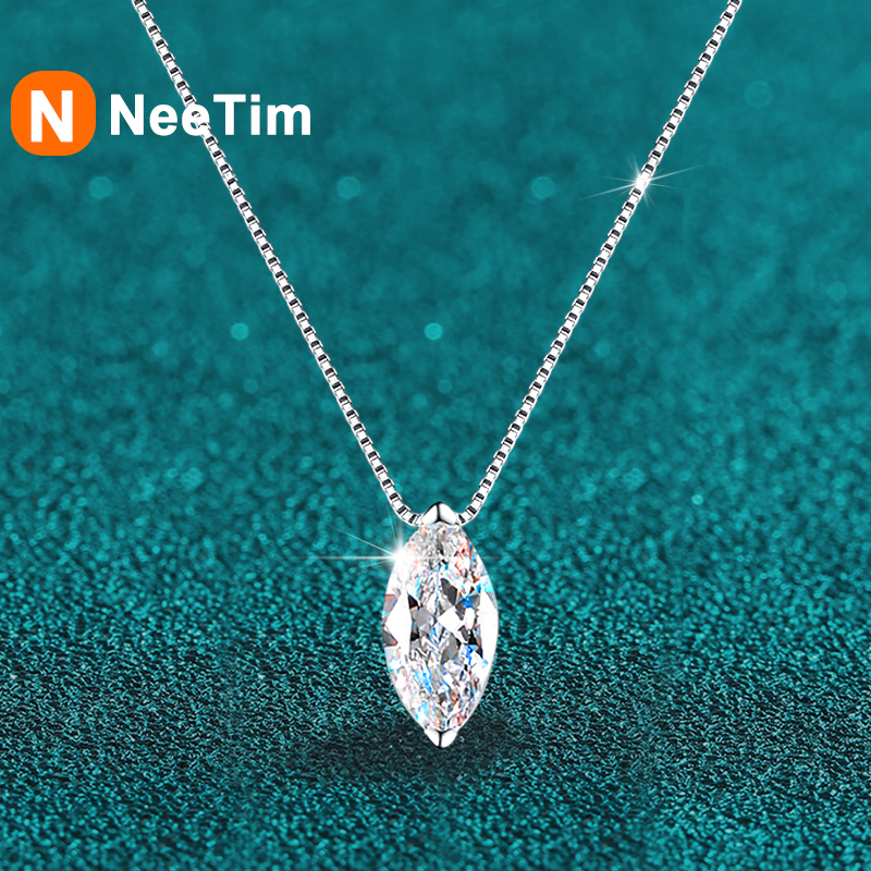 NeeTim Real D Color 5*10mm 1ct Marquise Moissanite Necklace For Women S925 Sterling Silver Lab Diamond Box Chain Fine Jewelry