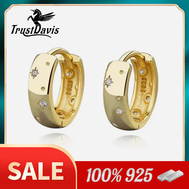 TrustDavis Real 925 Sterling Silver 18k glod Stars Hoop Earrings for Women Daughter Girls Daily Fine Jewelry DS4160
