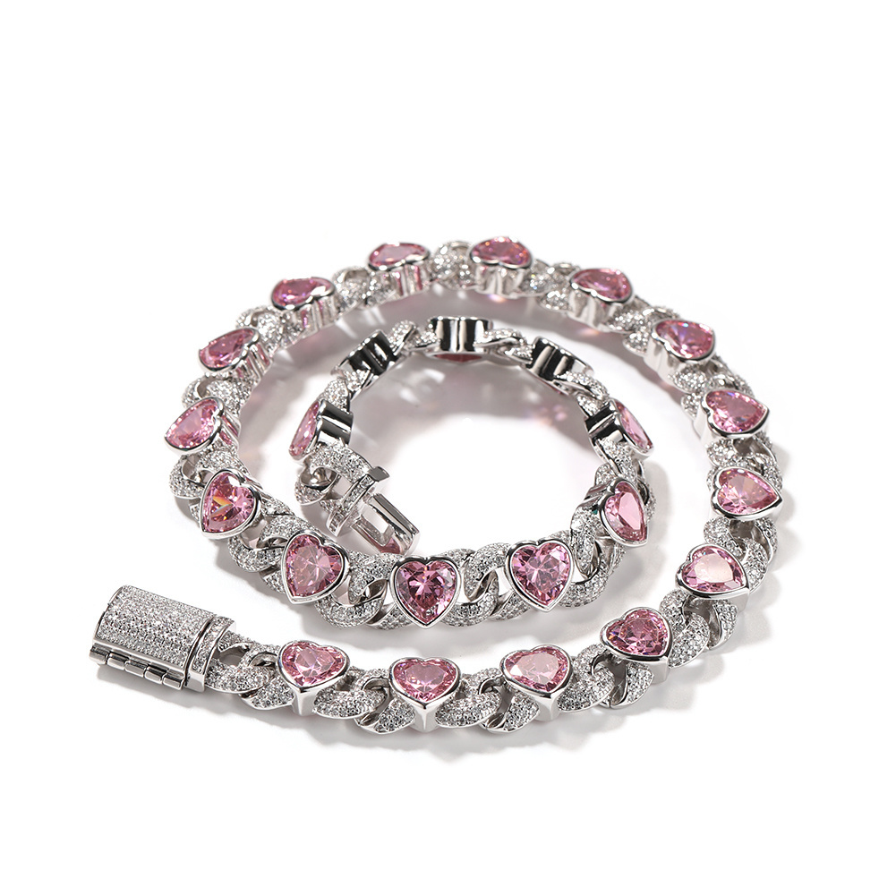 Uwin Pink Big CZ Cuban Chain Heart Drip Round Cubic Zirconia Necklace 12mm Iced Out Charm Jewelry Women Accessories