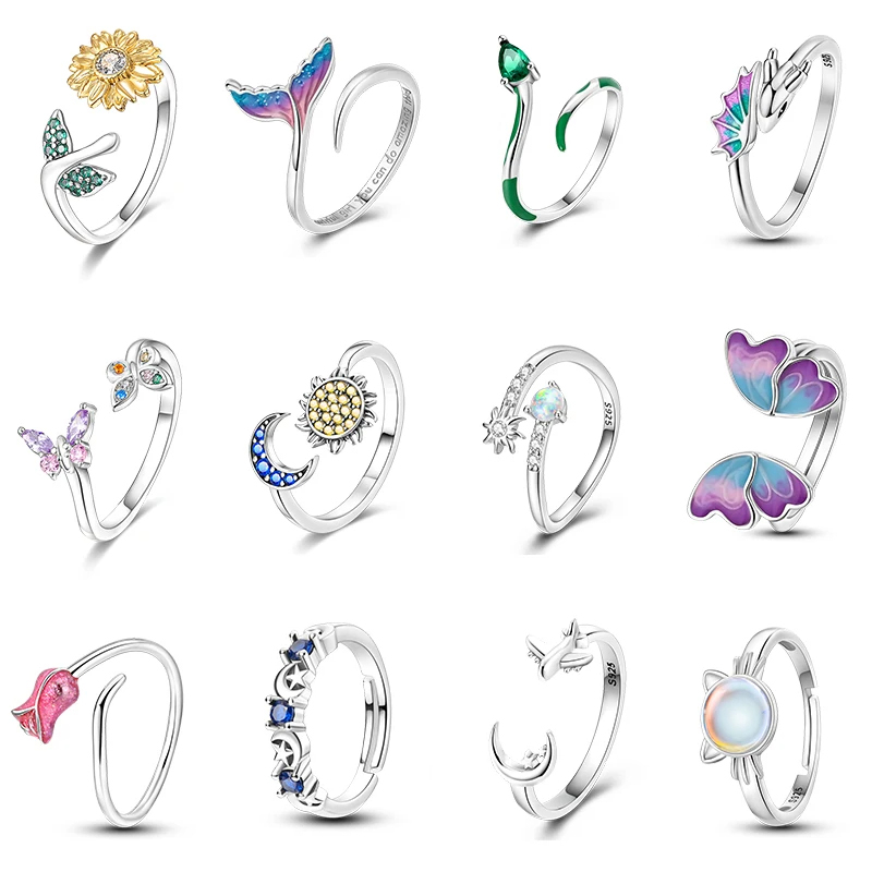 Adjustable Rings 925 Sterling Silver Mermaid Wing Dragon Sunflower Tulip Open Rings For Women Female Original Engagement Jewelry