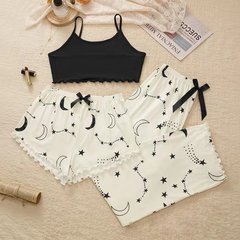 Summer Milk Silk Pajamas Fashion Print Suspenders Shorts Trousers Three-Piece Plus Size Valentine's Birthday Christmas gifts