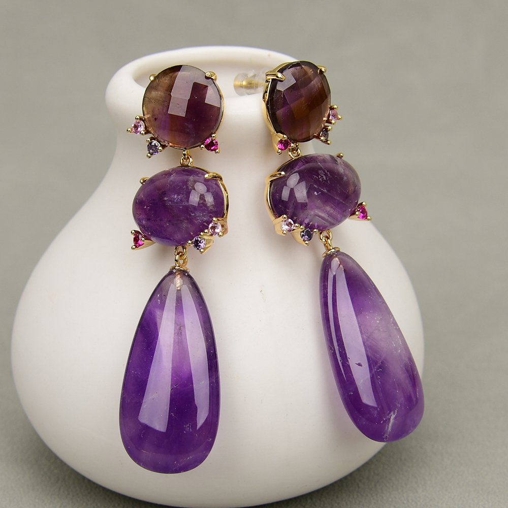 G-G Natural Purple Amethyst Gems Quartz CZ Earrings Gold Plated Luxury Classic Teardrop Wedding Jewelry Gifts