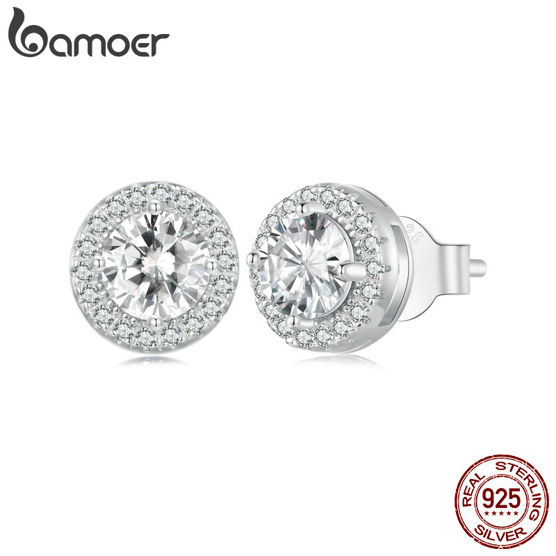 BAMOER Platinum Plated Halo CZ Stud Earrings 925 Sterling Silver Hypoallergenic Classic Round Earrings Set Fine Jewellry BSE893