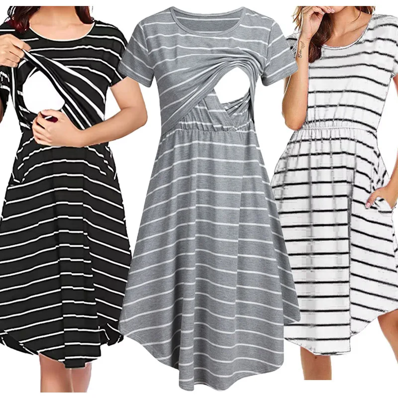 Summer Maternity Care Striped Dresses Pregnant Premama Baby Shower Clothes Women Pajamas Multifuntional Mother Breastfeed Dress