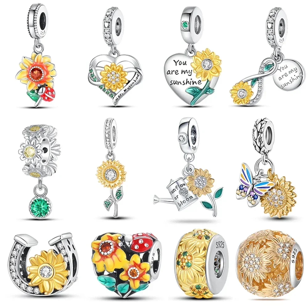 New 925 Sterling Silver Fashion Golden Sunflowers Heart Charms Beads Fit Original Bracelets Luxury Party DIY Jewelry