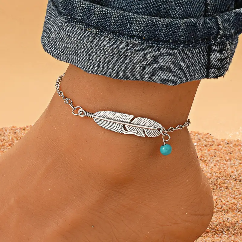 Ethnic Antique Silver Plated Feather Anklet Boho Imitation Turquoise Beads Charm Ankle Bracelets Summer Jewelry