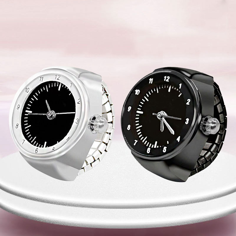 White Black Color Creative Vintage Punk Quartz Watches Finger Rings Women Men Mini Elastic Strap Clock Ring Creative Jewelry