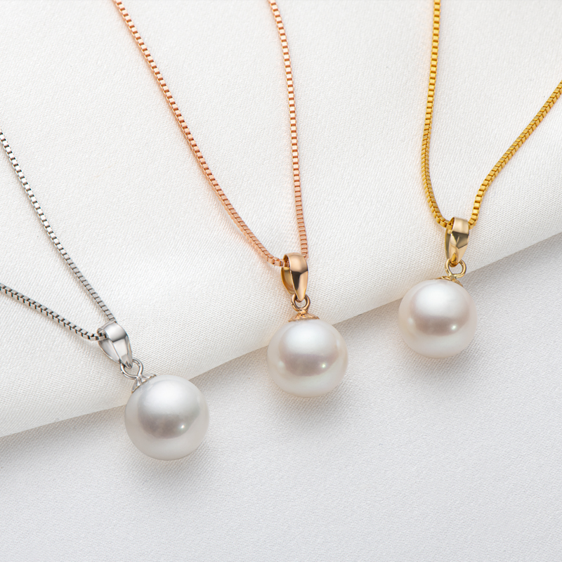 Anziw 18K Gold Freshwater Cultured White 9-10mm Pearl Pendant Necklace With 925 Silver Chain Fine Jewelry Gifts for Women Mom