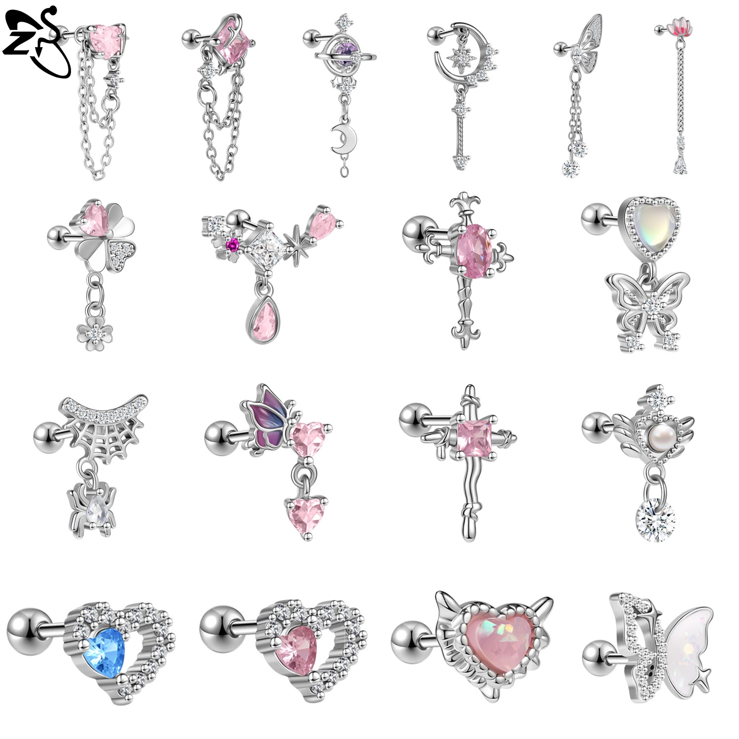 ZS 1 Piece 20G Stainless Steel Stud Earring For Women Girls Butterfly Moon Drop Earrings CZ Crystal Ear Cartilage Helix Piercing