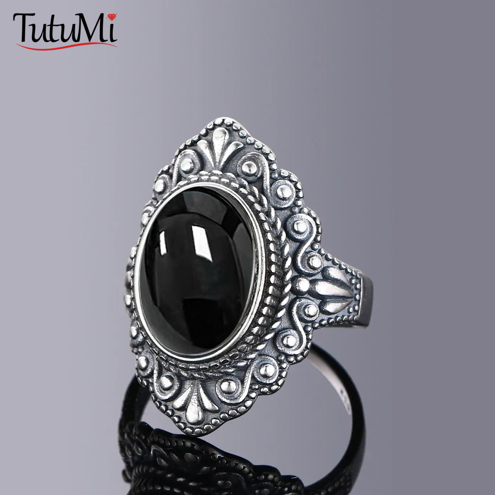 S925 Silver Ring Oval Natural Black Onyx Rings Finger Ring Retro Black Labradorite Fine Jewelry Party For Women Men