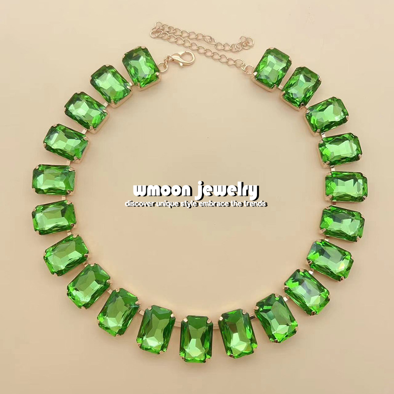 Man Women Copper Paved Bling Square Crystal Link Chain Necklace White Blue Green Crystal Banquet Bib Statement Collar Wholesale