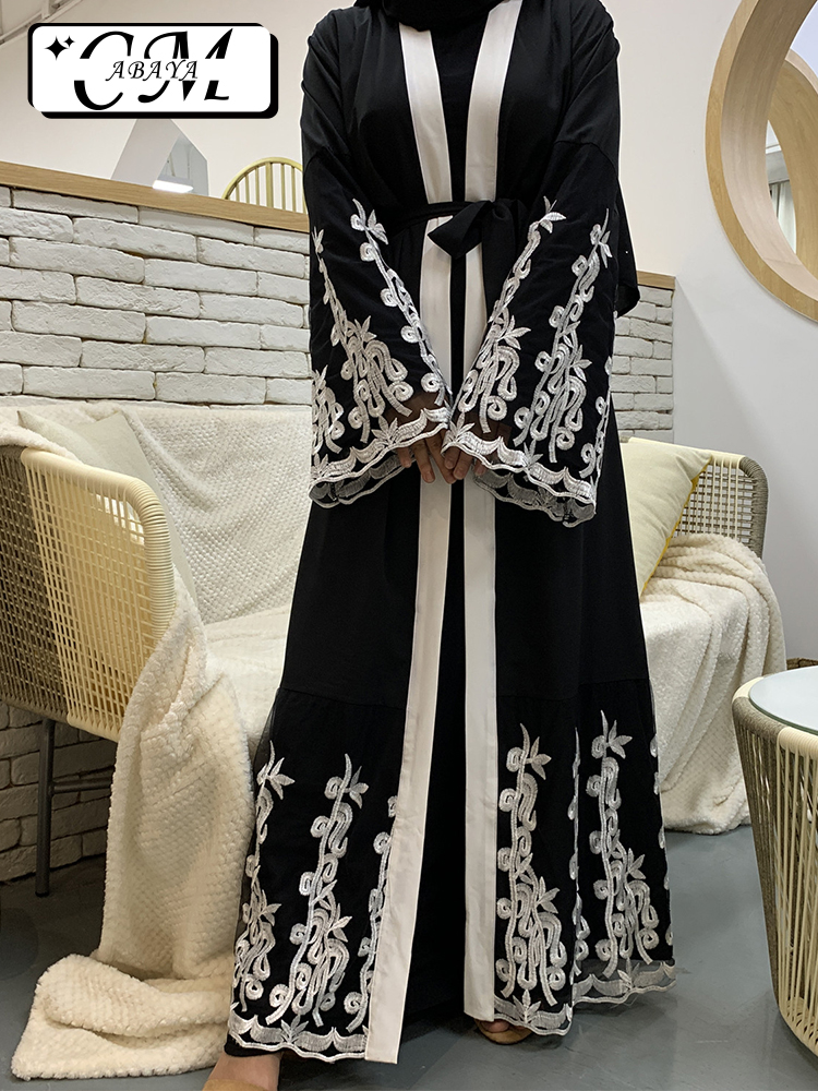 European And American Muslim Evening Dress Fashion Mesh Stitching Embroidery Loose Lace-Up Cardigan Robe Plus Size Abaya Women
