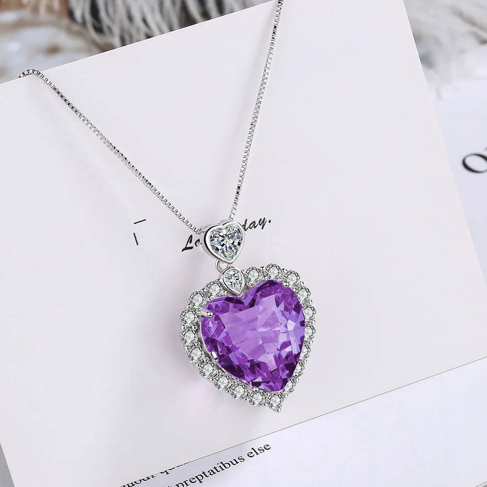 S925 Sterling Silver Women's Purple Love Gemstone Pendant Necklace (40cm + 5.0cm) On Luxury Jewelry