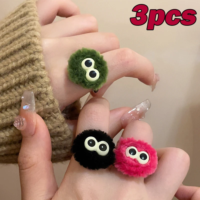 New Plush Coal Ball Open Adjustable Finger Ring for Women Sweet Cute Flocking Monster Eyes Ring Party Gift Jewelry Accessories