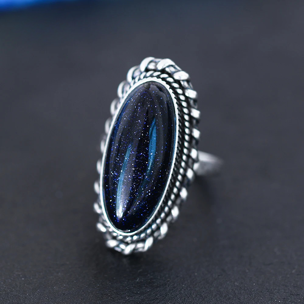 S925 Silver Ring Jewelry Vintage Blue Sandstone Large Stone Luxury Elegant Ring Fine Gift Rings for Women Men