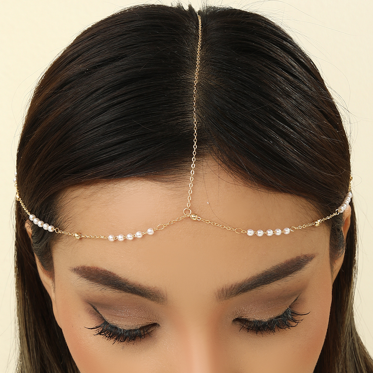 Boho Headpiece Imitation Pearl Link Chain Elegant Head Forehead Accessories Bling Bridal Hair Chain Women Lady Aesthetic Jewelry
