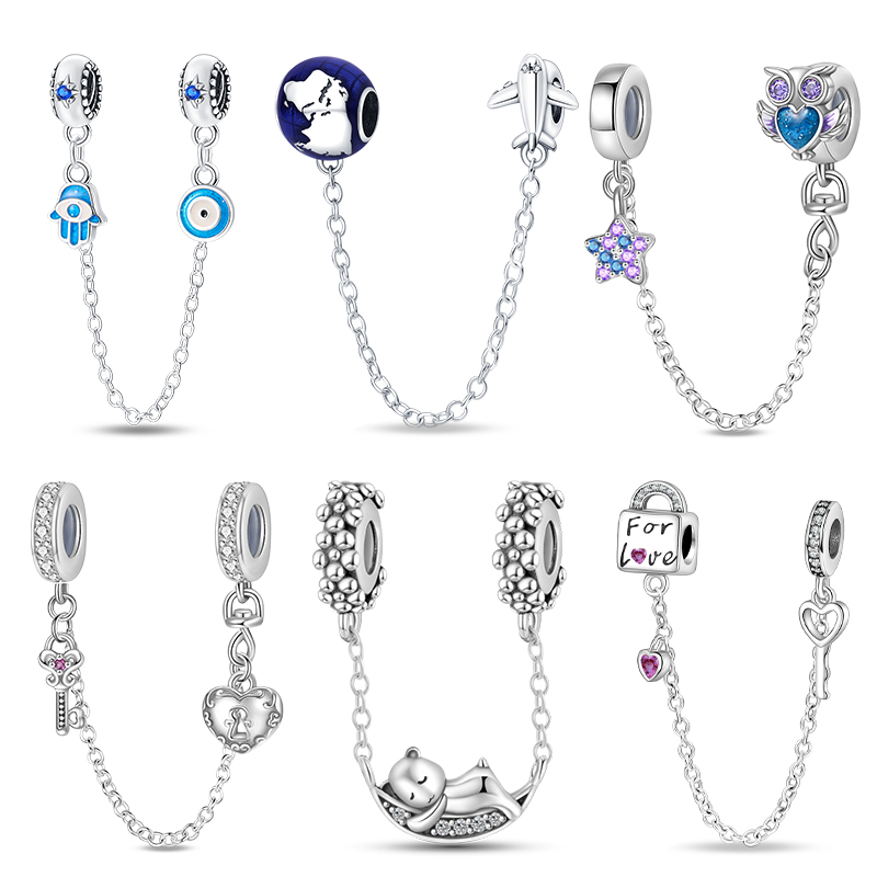 Clear Safety Chain Clip Charms 925 Silver Plated Key Locks Pendent Fit 3mm 925 Original Bracelets DIY Women Festival Jewelry