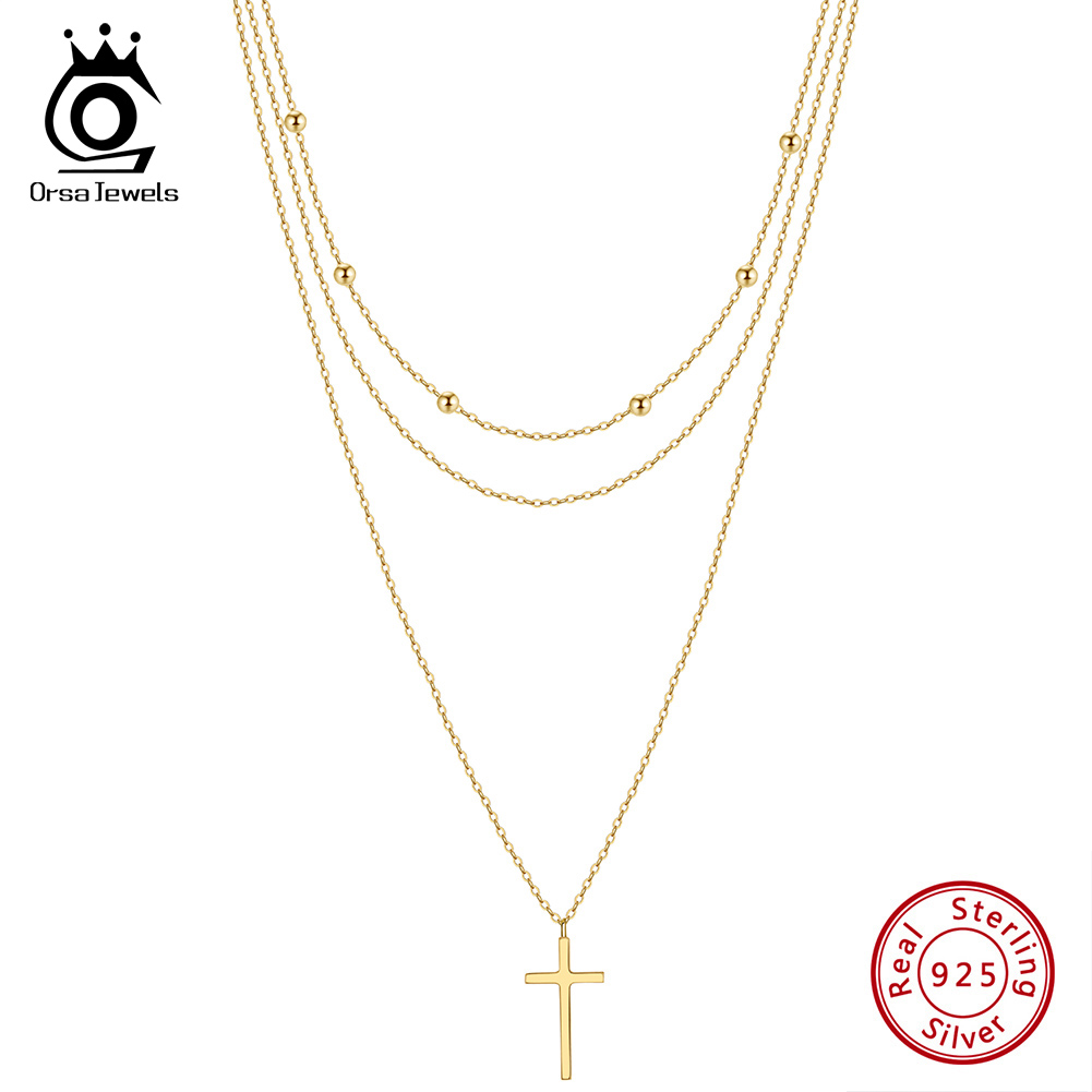 ORSA JEWELS Cross Shape Pendant Necklace with Bead Real 925 Sterling Silver Neck Chain for Women Fashion Choker Chain BQN07