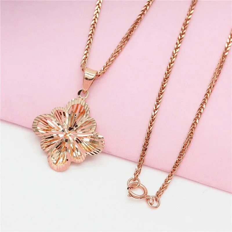 585 Purple Gold Fashion hollow out Flower Pendant Plated 14K Rose Gold Shining Classic Necklace clavicle chain Wedding Jewelry