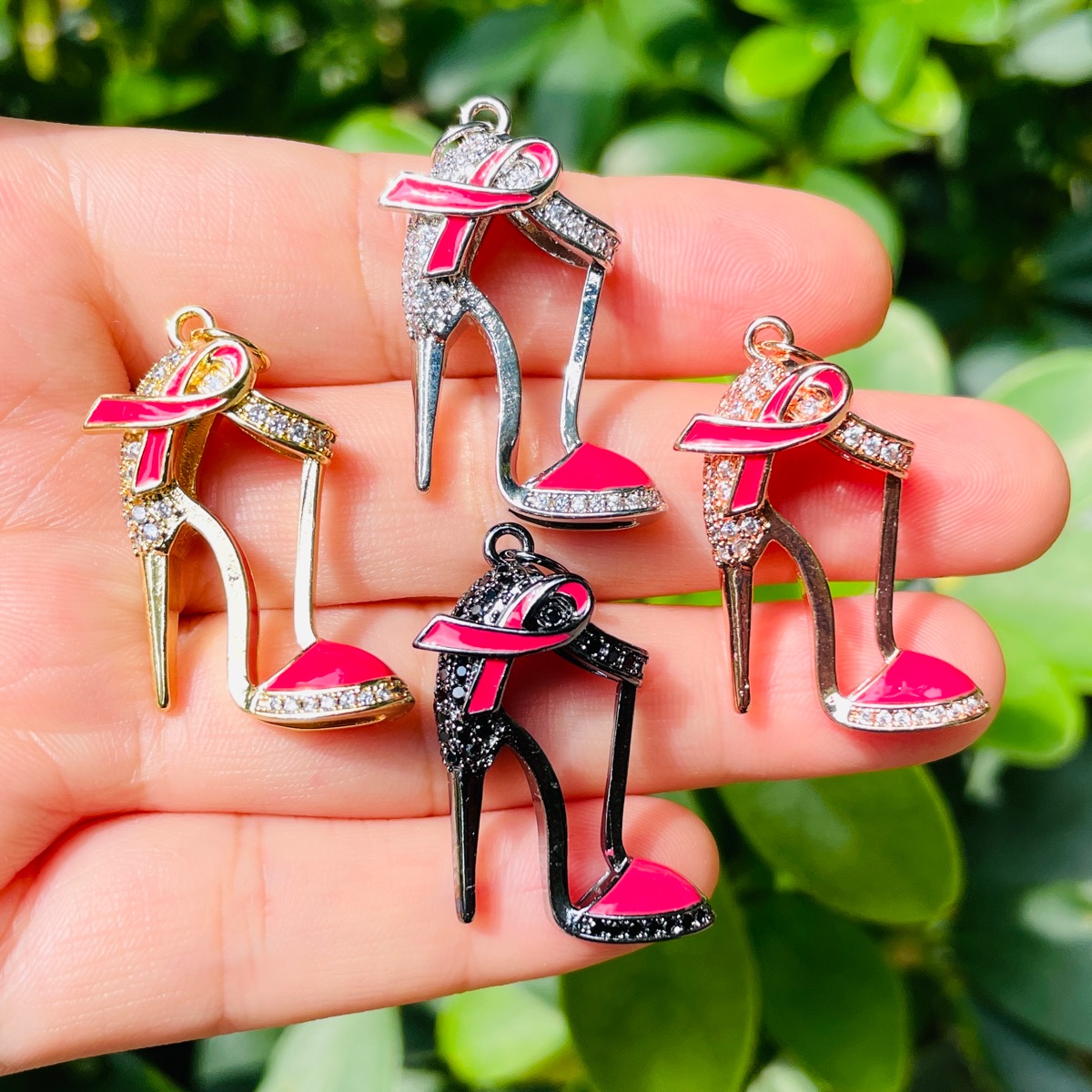 5pcs Pink Ribbon High Heel Shoes Charms Breast Cancer Awareness Gold-Plated Bling Pendants for Women Bracelet Necklace Making
