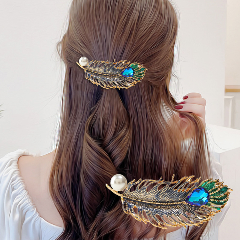 European and American Peacock Feather Pearl Crystal Spring Hair Clip Personalized Retro Style Women's Fashion Hair Accessories