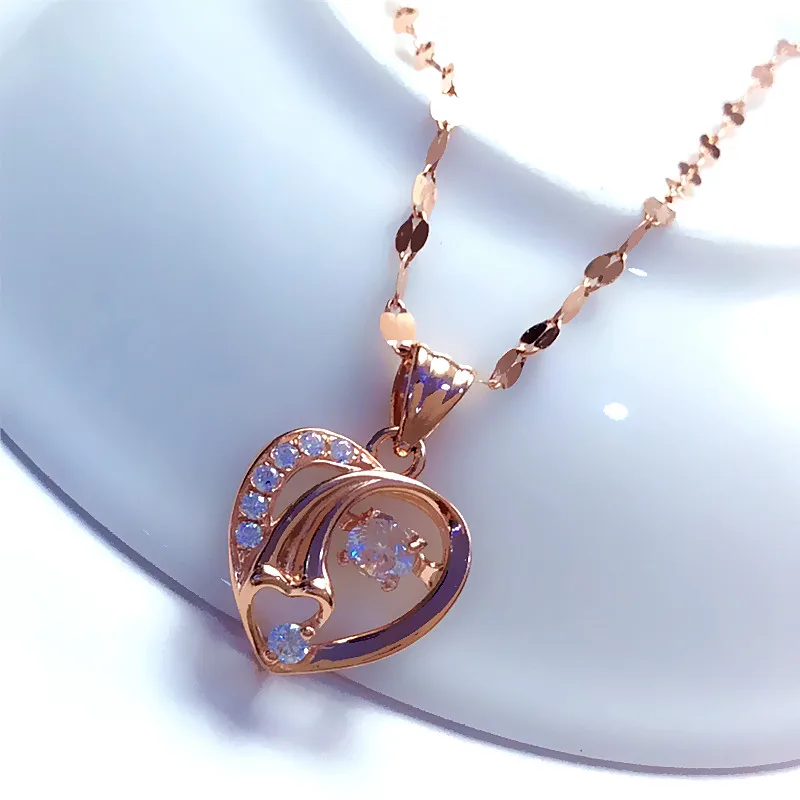 585 Purple Gold Inlaid Crystal Hollow Heart Neckalce for Woman Plated 14K Rose Gold Pendant Fashion Sweet Engagement Jewelry